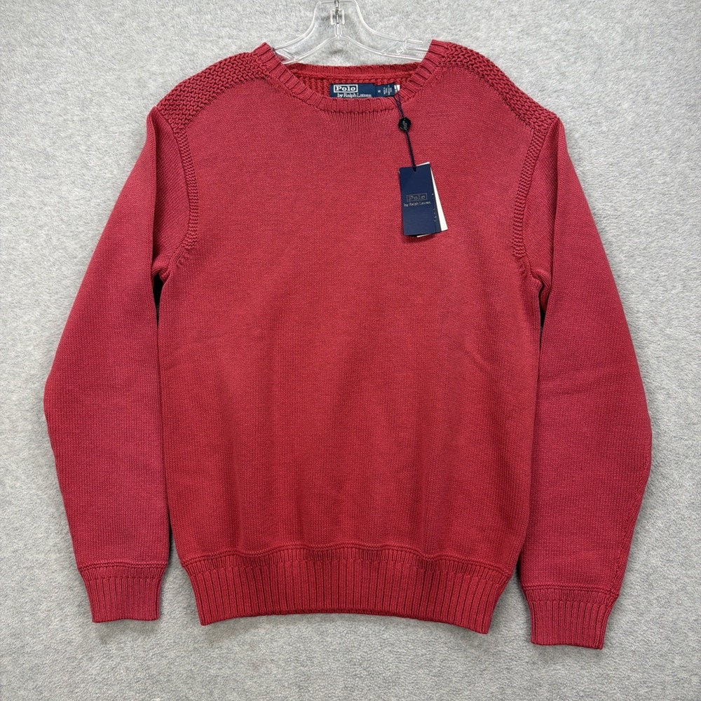 Polo Ralph Lauren Sweater Mens Medium Red Chunky Ribbed Crew Garment Dyed NEW‎